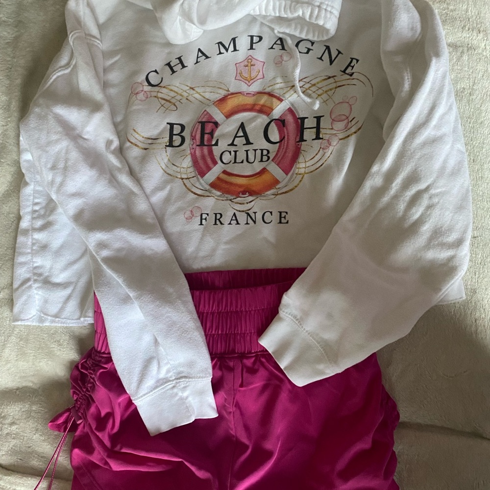 Champagne Beach Club France White Hoodie with Pink Shorts